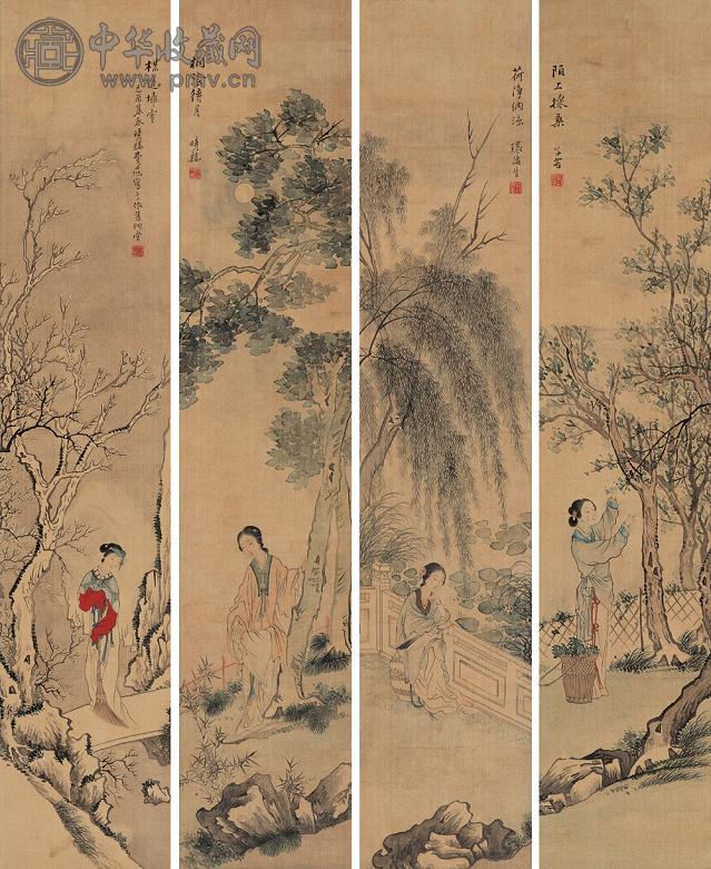 费丹旭 己酉(1849年)作 四季仕女 四屏 设色绢本