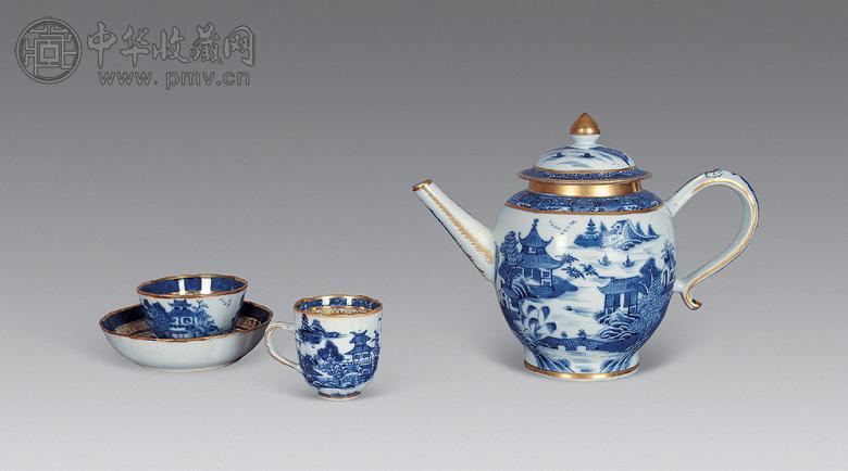 清中期 青花山水楼阁茶壶(1套)