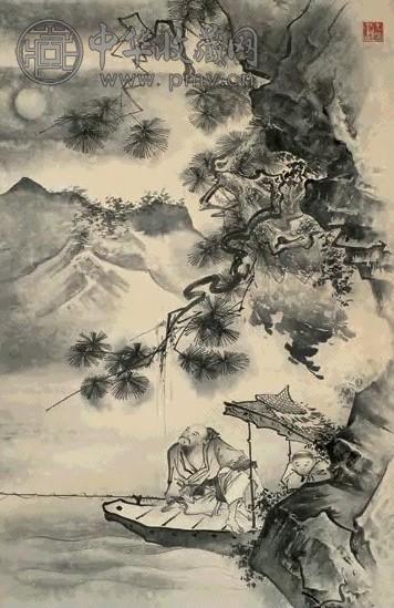 胡也佛 月影渔舟 立轴 水墨纸本