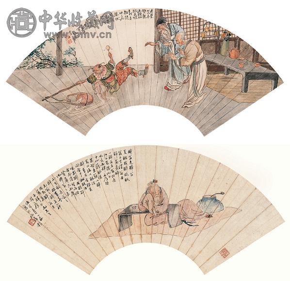 伍德彝 王鹤 人物(2件) 扇面片 设色纸本