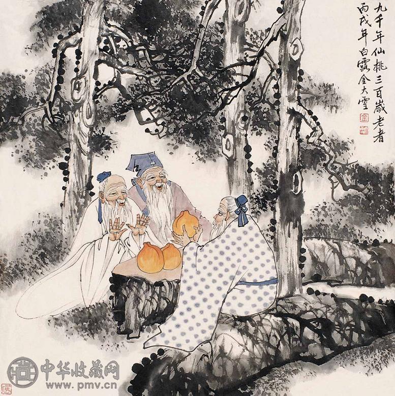 金大雪 九千年仙桃 镜心 设色纸本