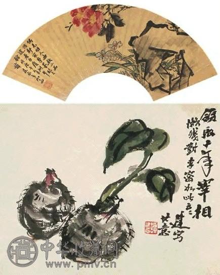 谭建丞 花卉 二件 镜片 设色纸本