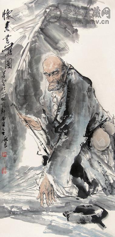 李承恩 怀素书蕉图 立轴 设色纸本