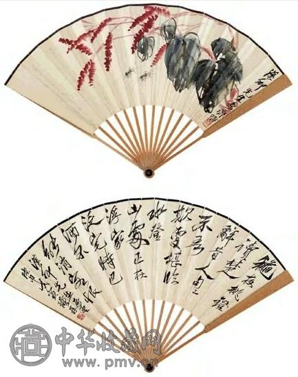 齐白石 戊寅(1938年)作 蓼花草虫 成扇 设色纸本