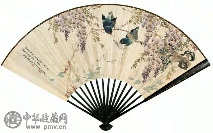 1933年 吴青霞 翠藤鱼藻图并行书叙卢鸿草堂图 成扇 设色纸本