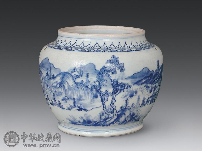 清顺治 青花山水粥罐