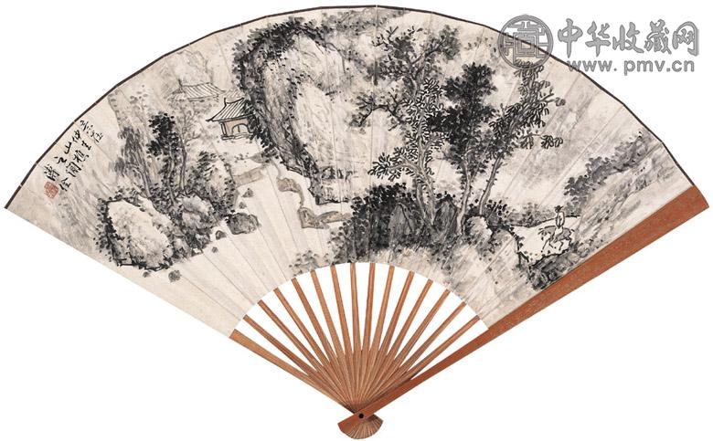 溥佺 徐世昌 樵山图 草书 成扇 设色纸本