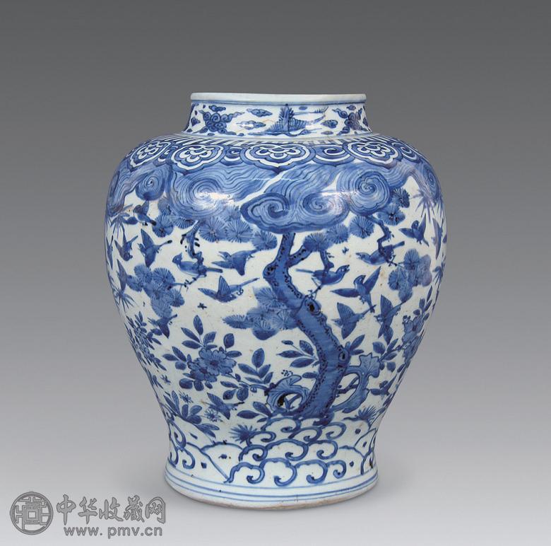 明万历 青花花鸟纹将军罐