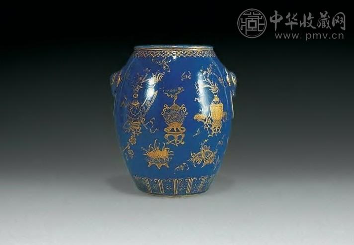 清乾隆 蓝釉描金铺首鼓式尊