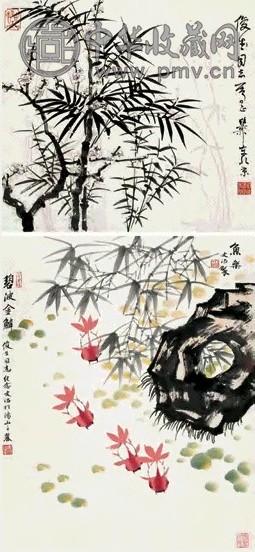 谢稚柳 八十年代作 花竹池鱼 轴 纸本设色