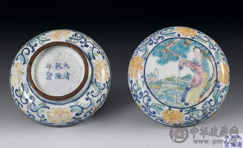 清乾隆 铜胎画珐琅仕女纹小印盒