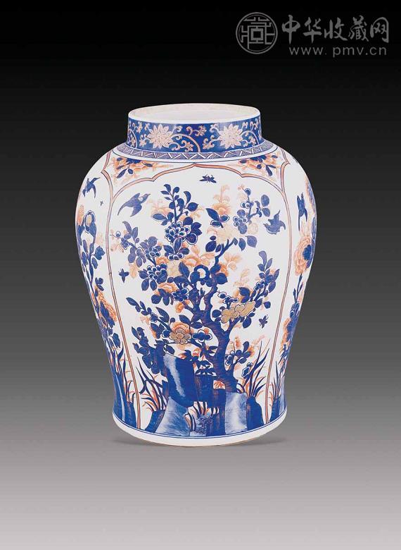 清 青花红彩描金将军罐