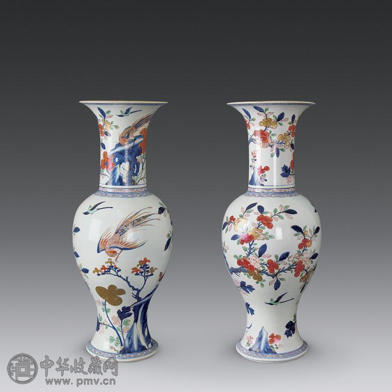 清康熙 青花五彩描金雉鸡牡丹纹大凤尾尊