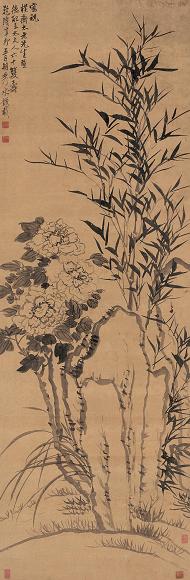 钱载 乾隆年间作 兰花牡丹 立轴 水墨绢本