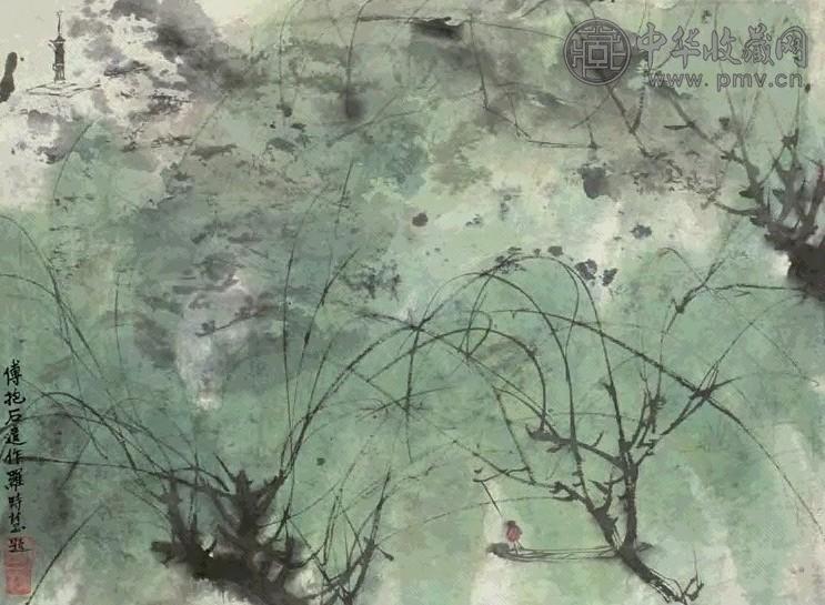 傅抱石 柳阴渔艇图 立轴 设色纸本