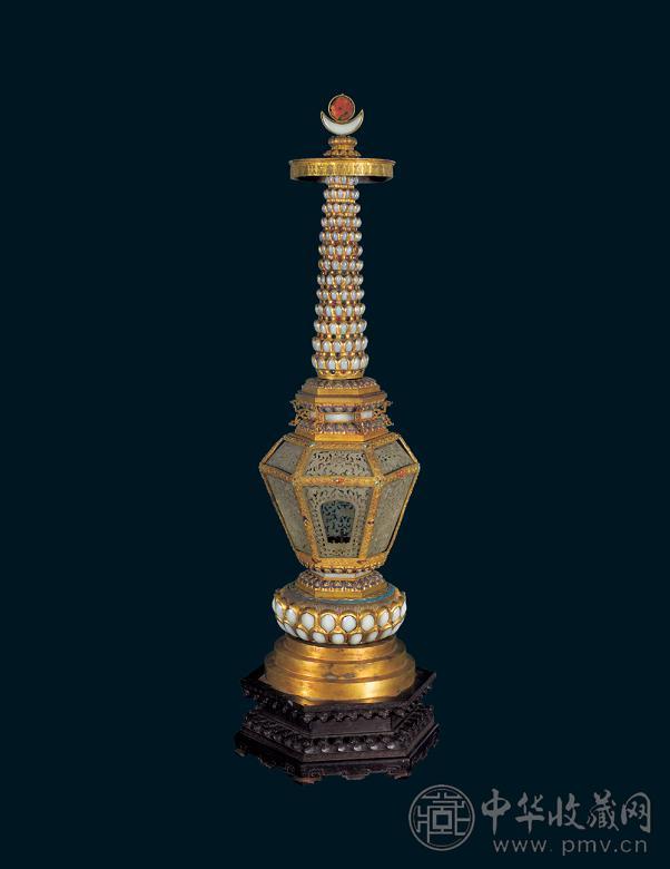清乾隆 铜鎏金錾花烧蓝嵌玉佛塔