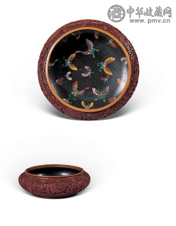 清 铜胎掐丝珐琅剔红庭院人物纹水仙盆