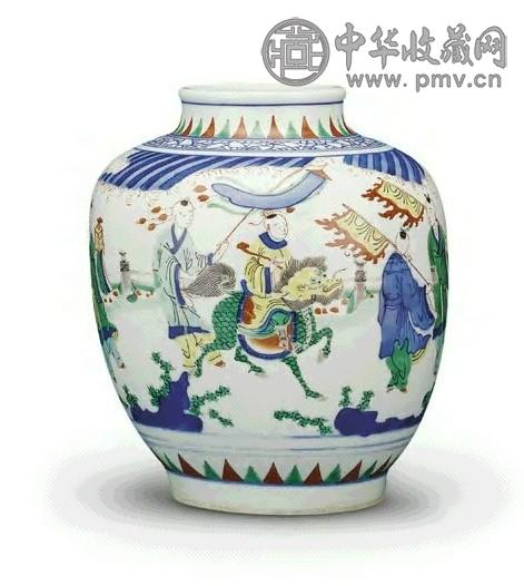 清 青花五彩麒麟送子纹罐