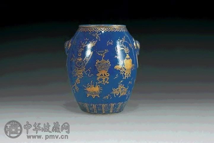 清乾隆 蓝釉描金铺首鼓式尊