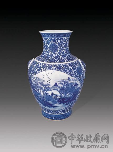 清光绪 青花开光山水铺首尊