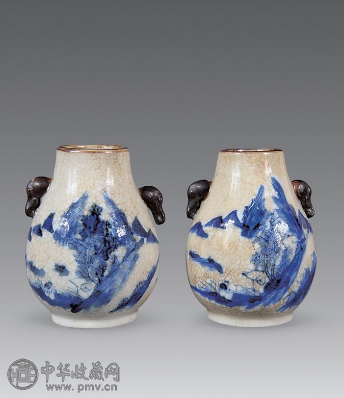 清光绪 哥地青花山水纹象耳尊(1对)