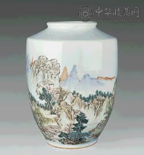 民国 浅洚彩山水人物罐