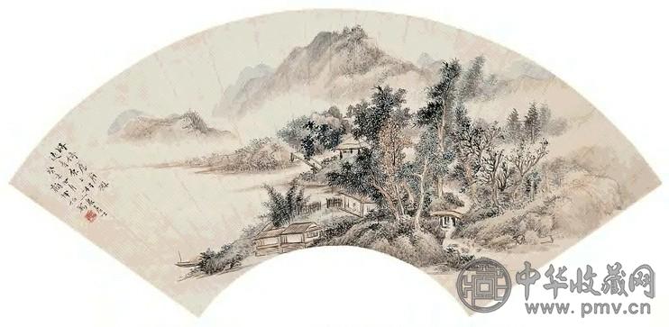 顾坤伯 1943年 倚檐远瞻 扇面 纸本设色