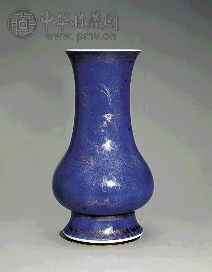 清康熙 洒蓝釉描金花鸟图敞口尊