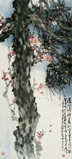 赵少昂 1991年作 松桃蜜蜂图 立轴 设色纸本 赵少昂 1991年作 松桃蜜蜂图 立轴 设色纸本