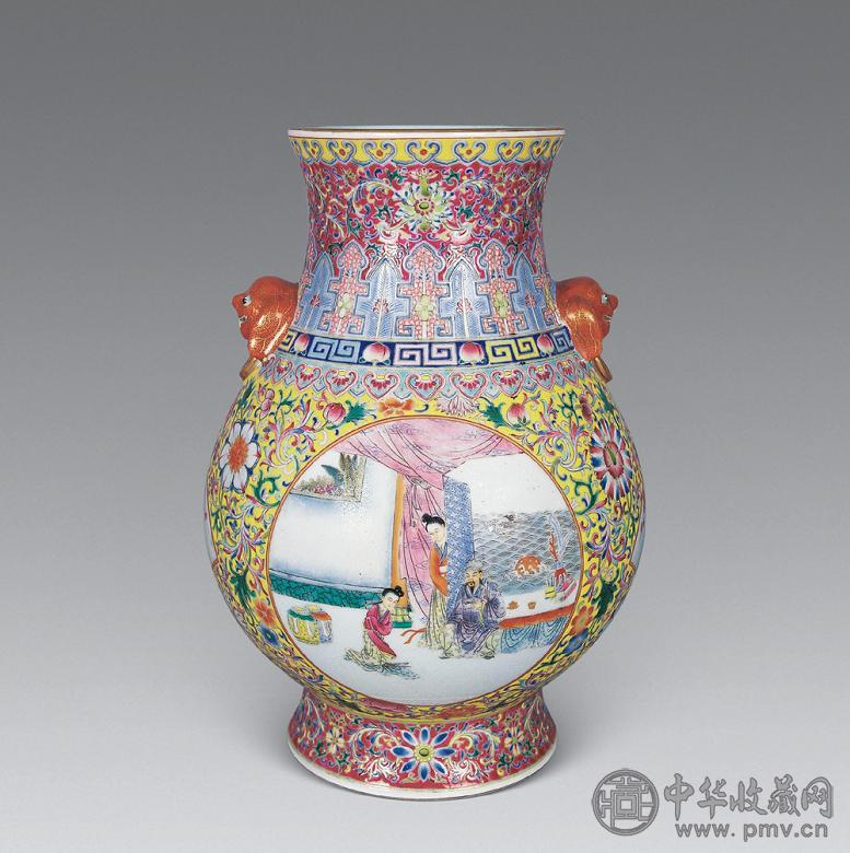 民国 粉彩开光吕布戏貂禅双耳尊