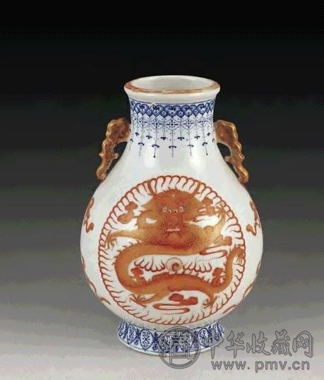 清 蓝料礬红开光云龙双耳尊