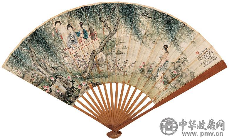 叶曼叔 仕女赏鱼图 成扇 设色纸本