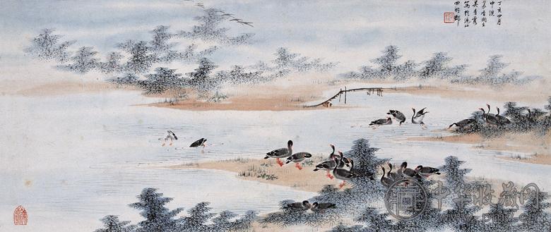 吴青霞 桥溪芦雁图 镜心 设色纸本