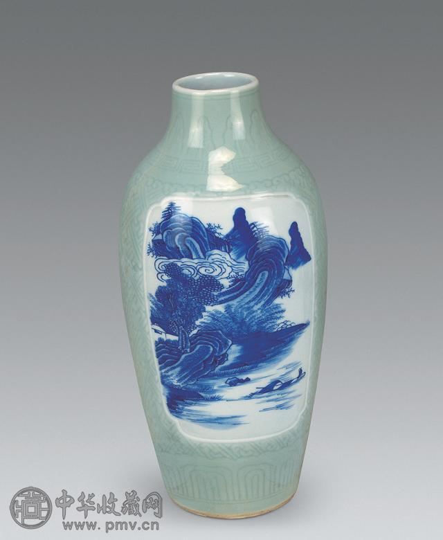 民国 豆青釉开光青花山水纹尊