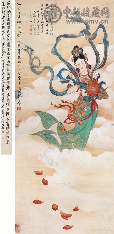 张大千乙亥(1935年)作天女散花立轴纸本收藏资讯|艺术家|书画家|书画