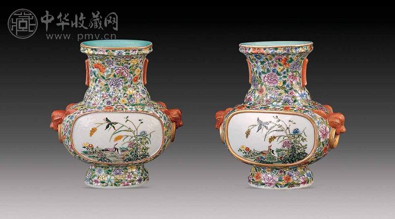 民国 粉彩百花开光狮耳尊(2件)