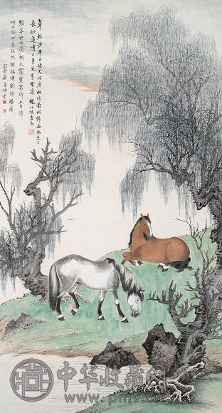 郑午昌 赵叔孺 柳荫散牧图 镜心 设色纸本