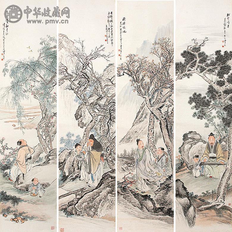 沙馥 人物 四屏 设色纸本