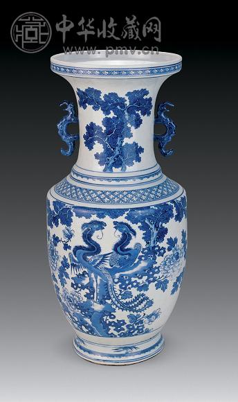 清道光 青花双凤纹双耳尊