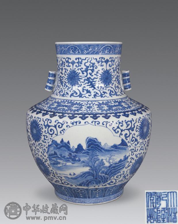 清光绪 青花缠枝莲开光山水人物纹竹节耳尊