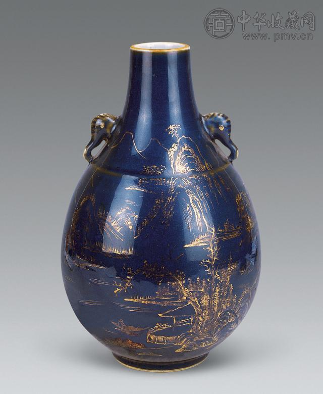 清 祭蓝筕描金山水纹象耳尊