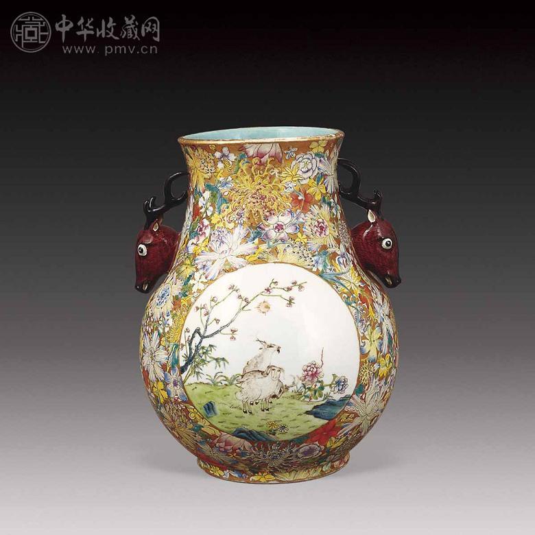 民国 粉彩百花开光鹿头尊