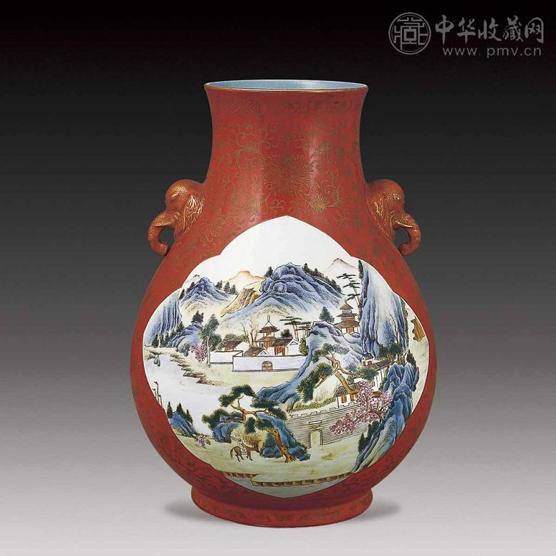 民国 珊瑚釉描金开光山水象耳尊