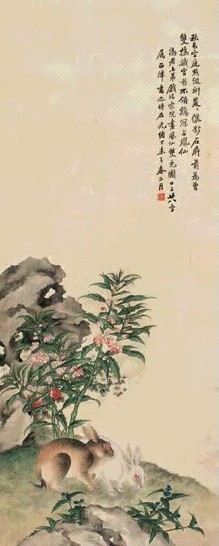 顾渤君 丁未(1907年)作 凤仙双兔 立轴 设色绢本