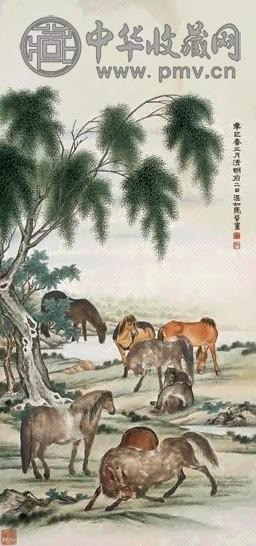 马晋 辛巳(1941年)作 柳溪八骏 镜心 设色纸本