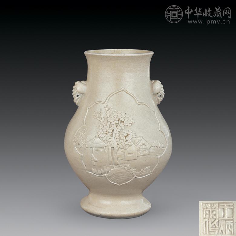 民国 雕瓷山水象耳尊