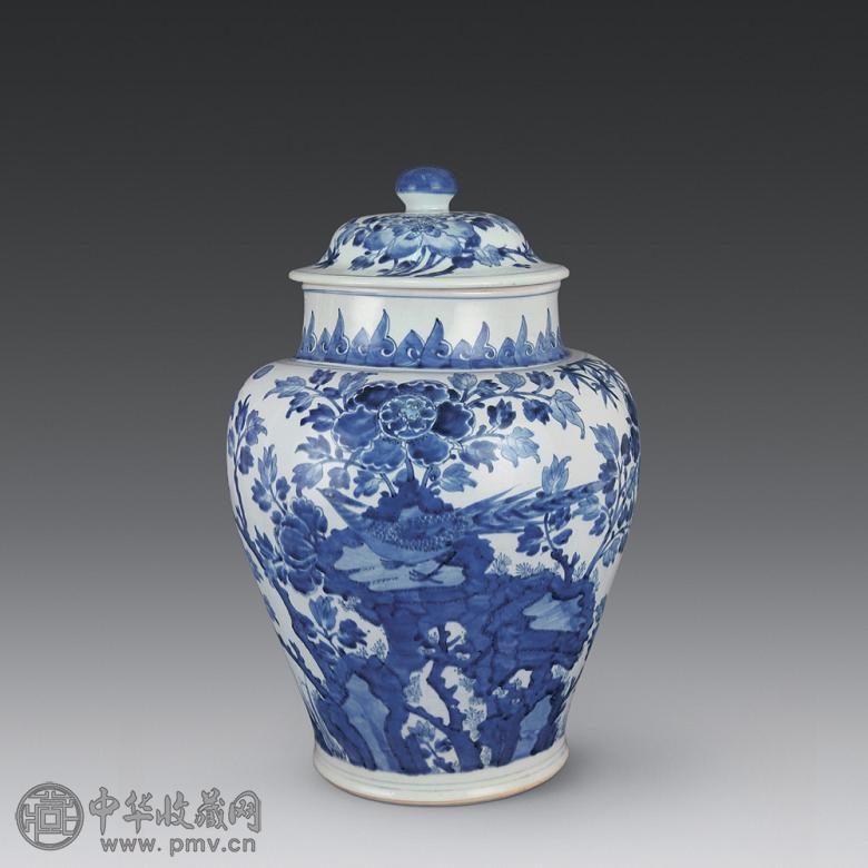清顺治 青花花鸟纹大将军罐