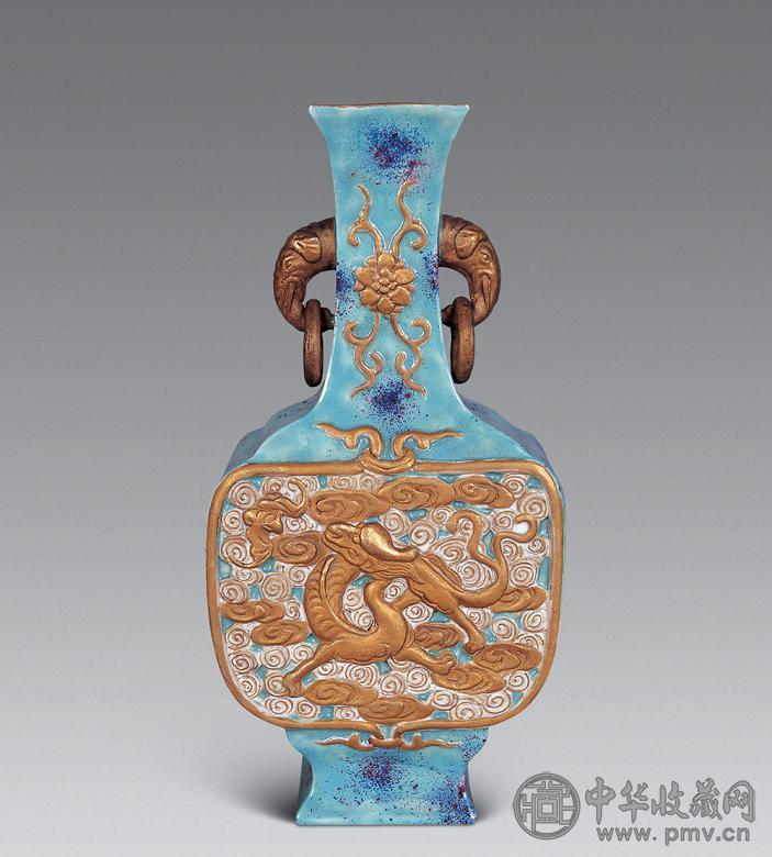 清 酱釉描金仿青铜双耳小尊