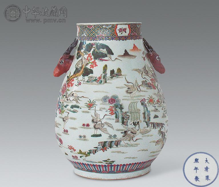 清 粉彩百鹤纹鹿头尊