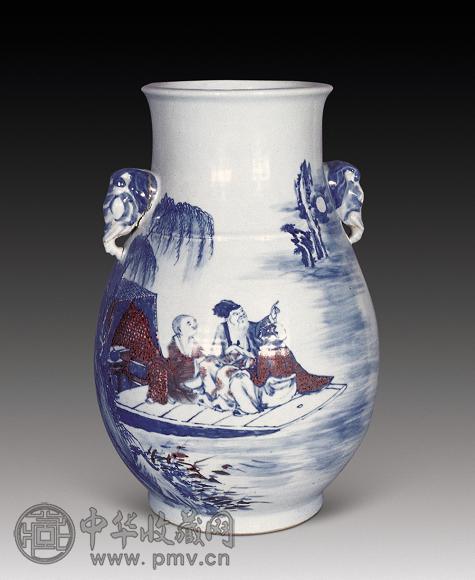 清中期 青花釉里红赤壁夜游象耳尊